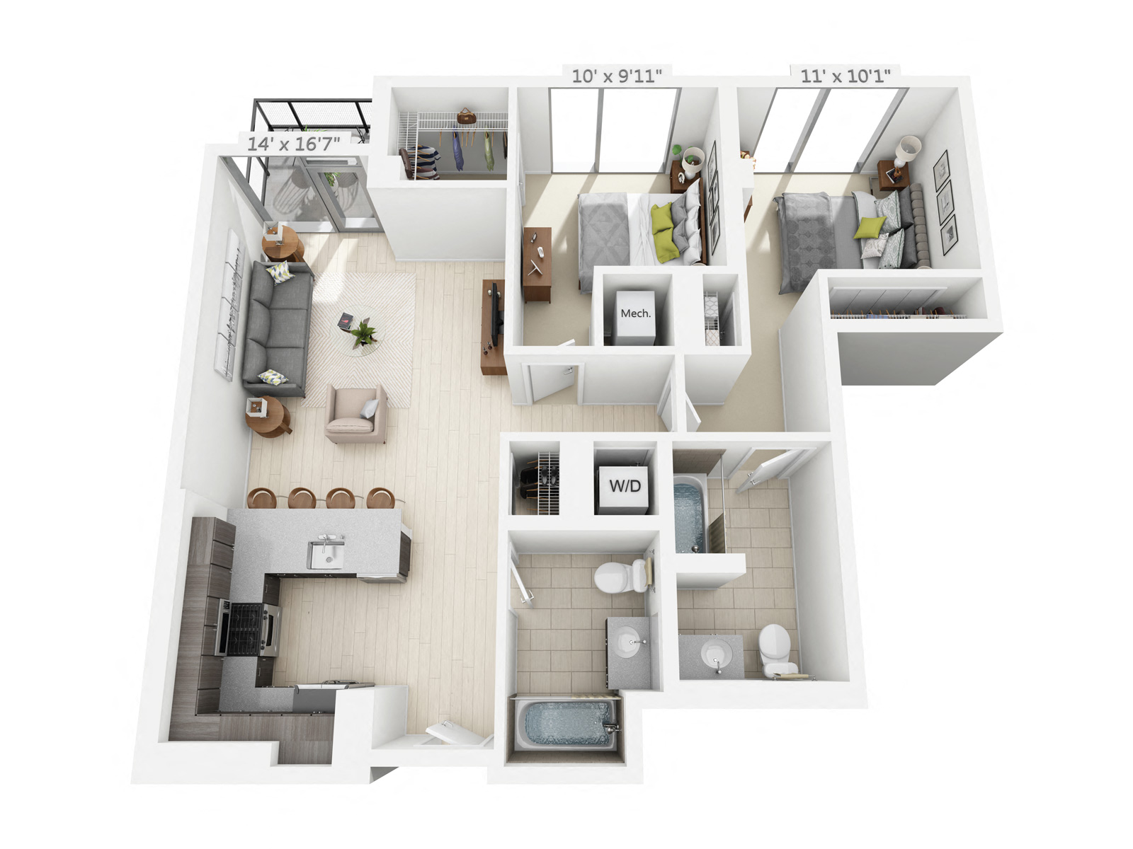 Floor plan for 2 beds, 2 baths, 1056 sqft
