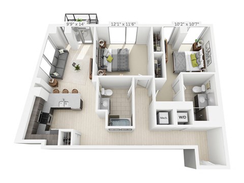 Floor plan for 2 beds, 2 baths, 1068 sqft