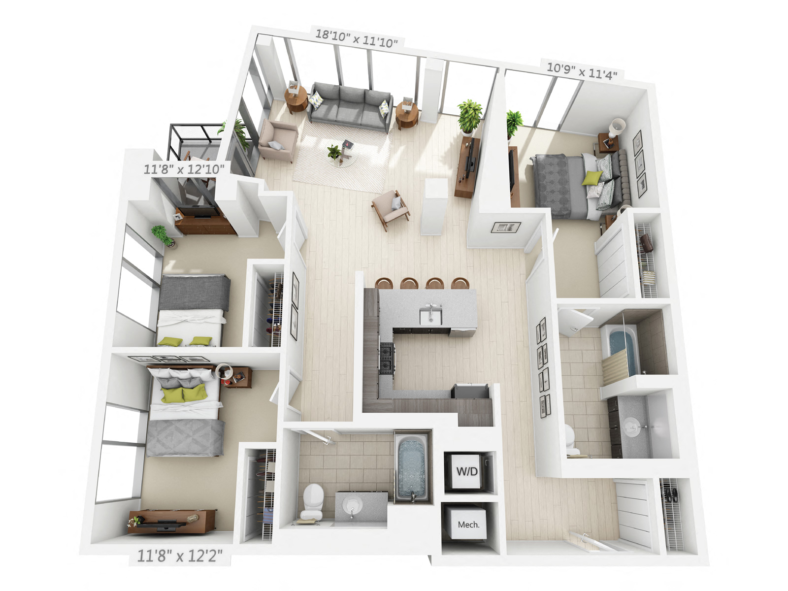 Floor plan for 3 beds, 2 baths, 1424 sqft
