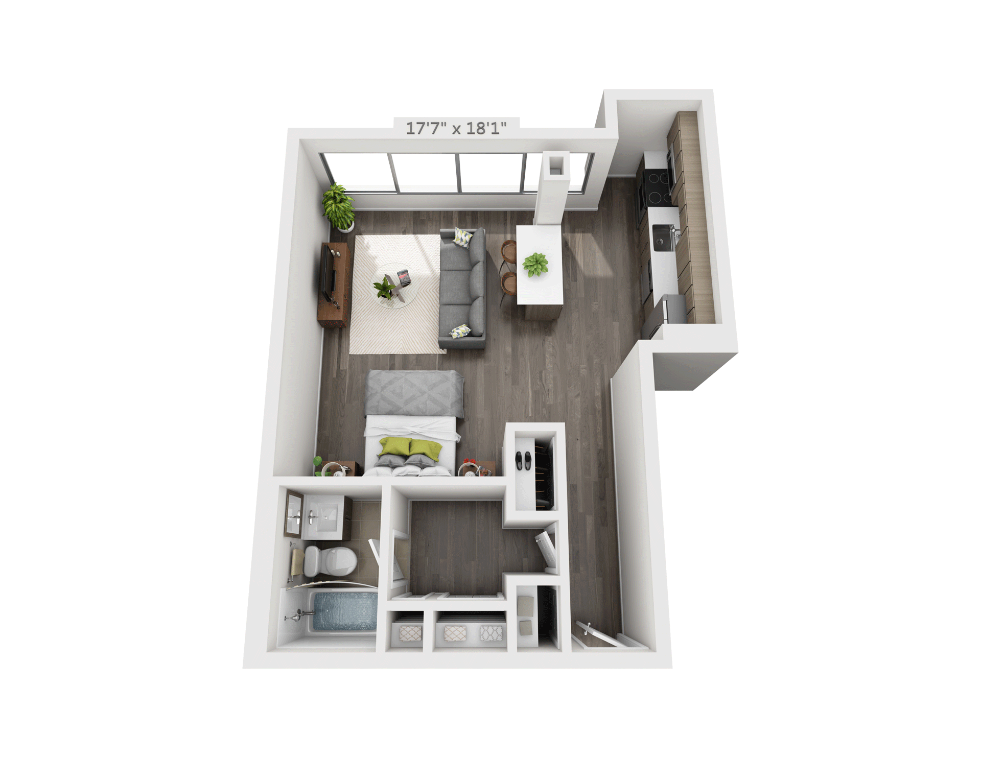 Floor plan for studio, 1 bath, 553 sqft