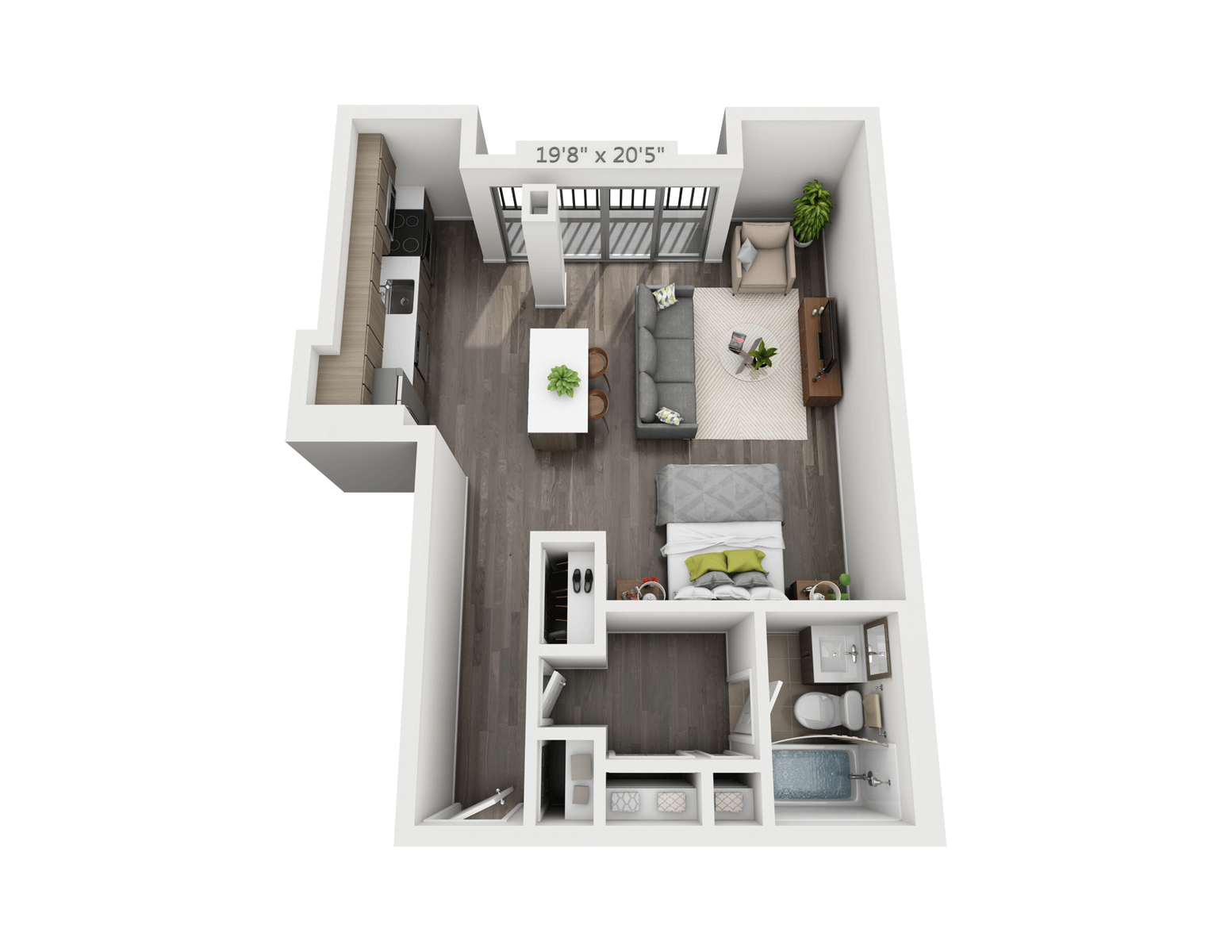 Floor plan for studio, 1 bath, 569 sqft