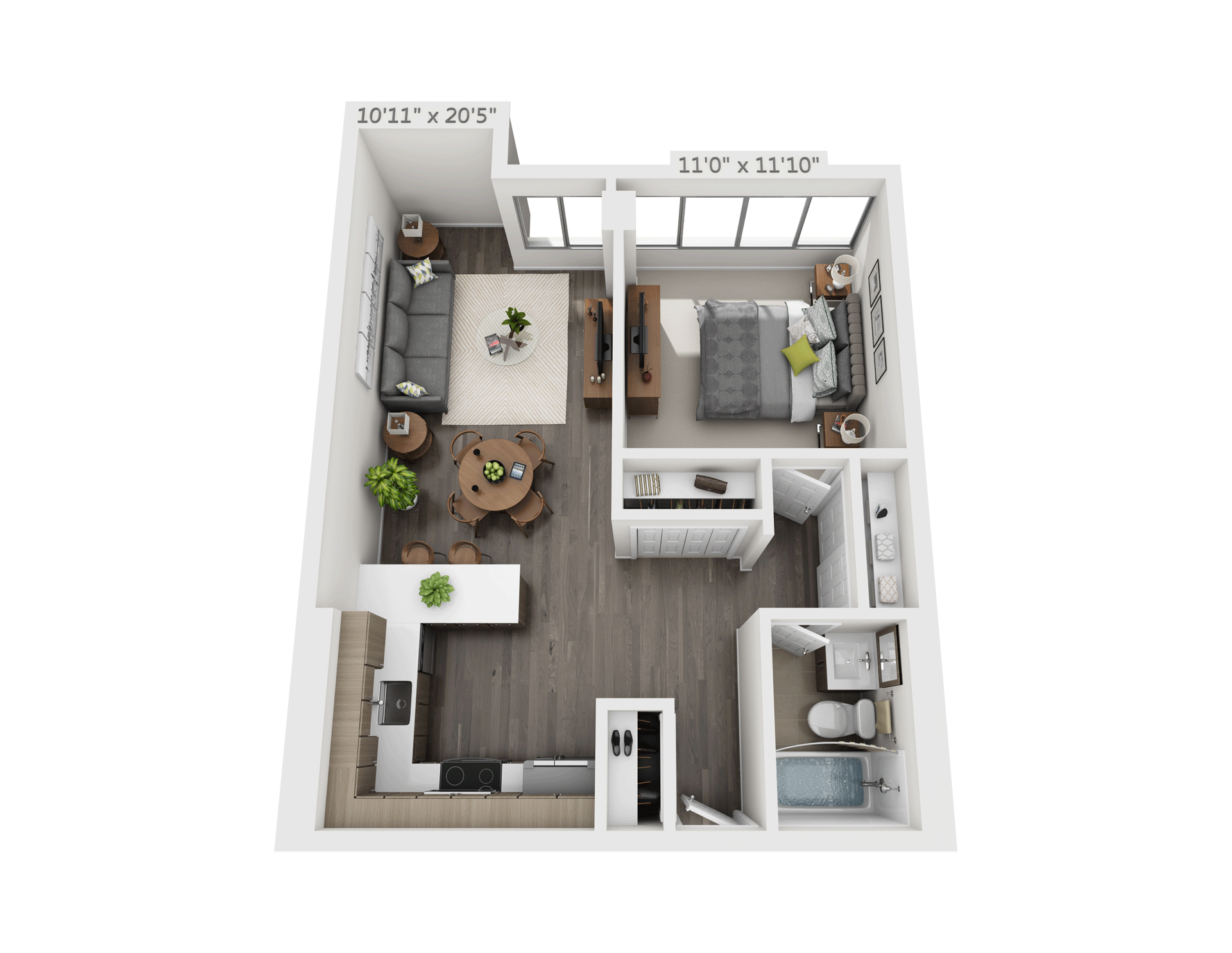 Floor plan for 1 bed, 1 bath, 614 sqft