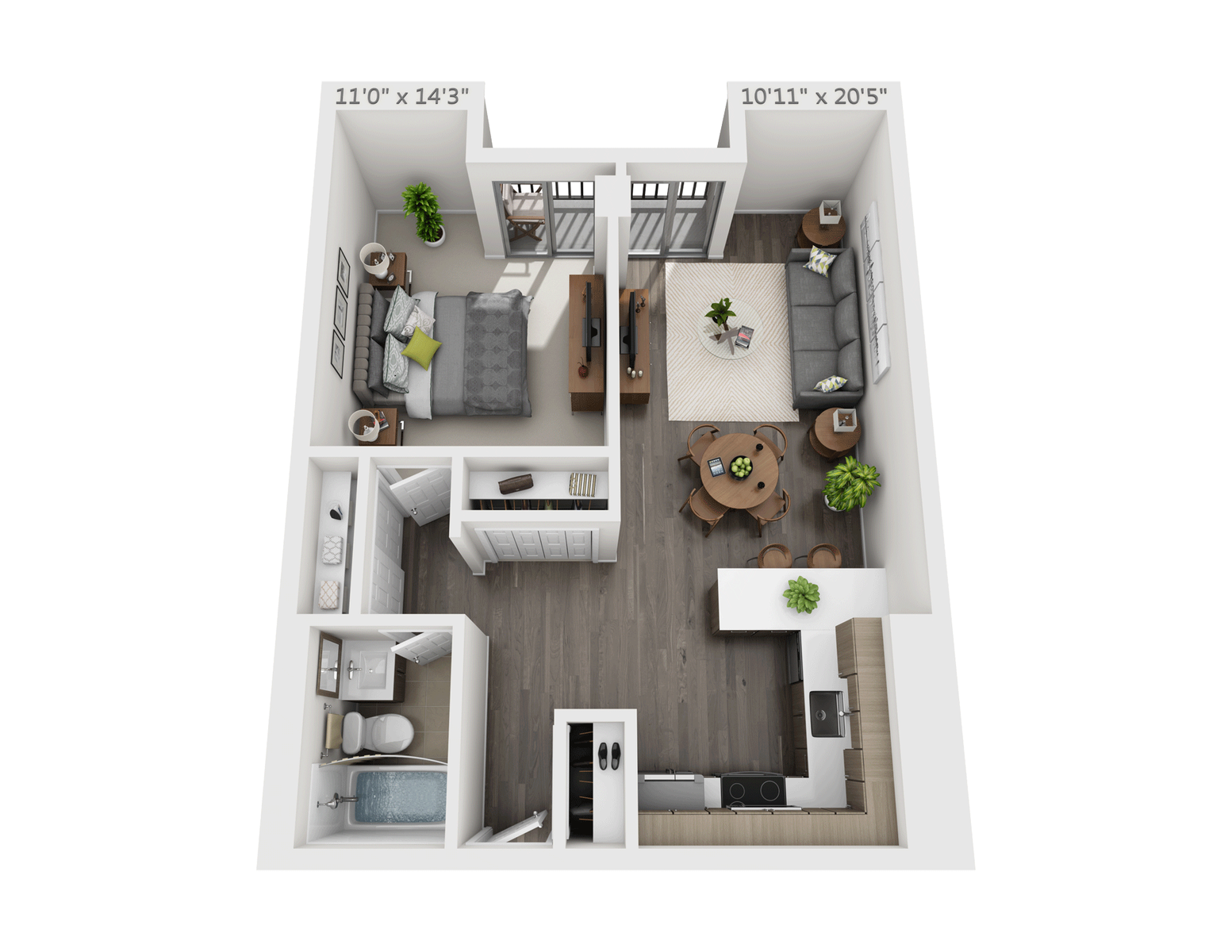 Floor plan for 1 bed, 1 bath, 624 sqft