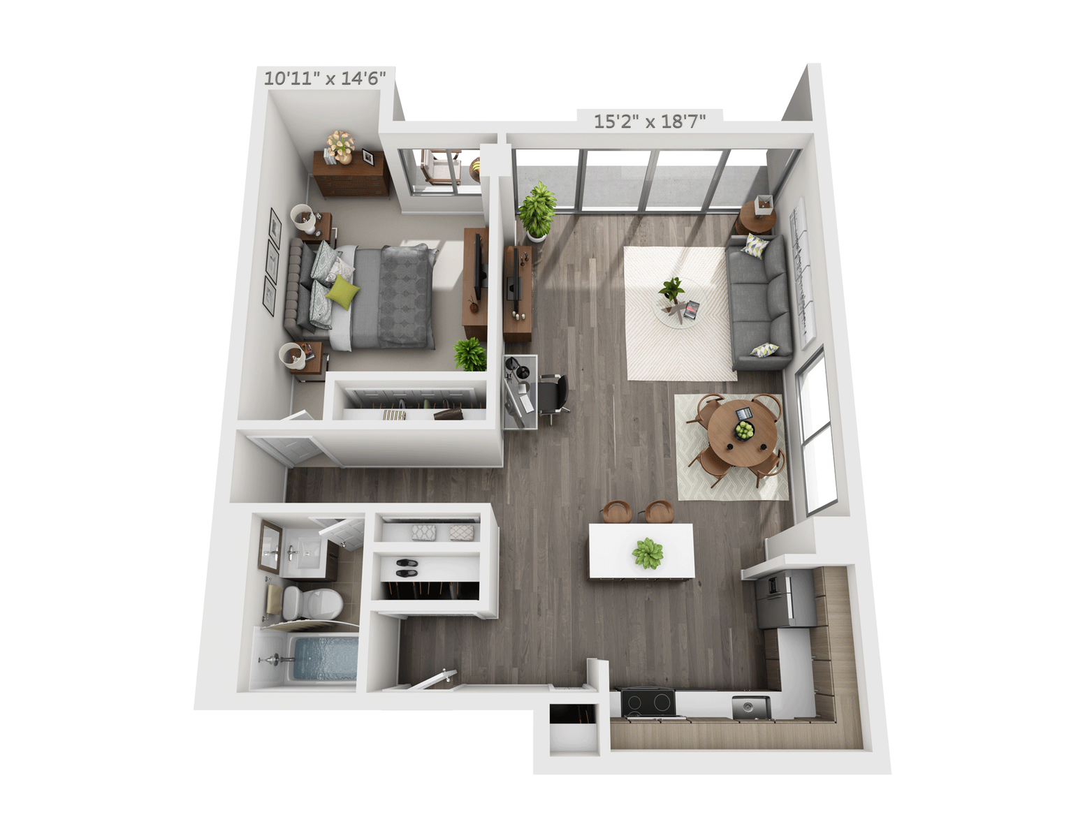 Floor plan for 1 bed, 1 bath, 723 sqft