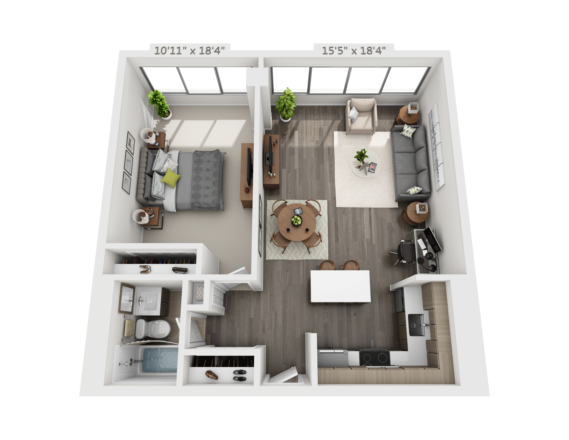 Floor plan for 1 bed, 1 bath, 723 sqft