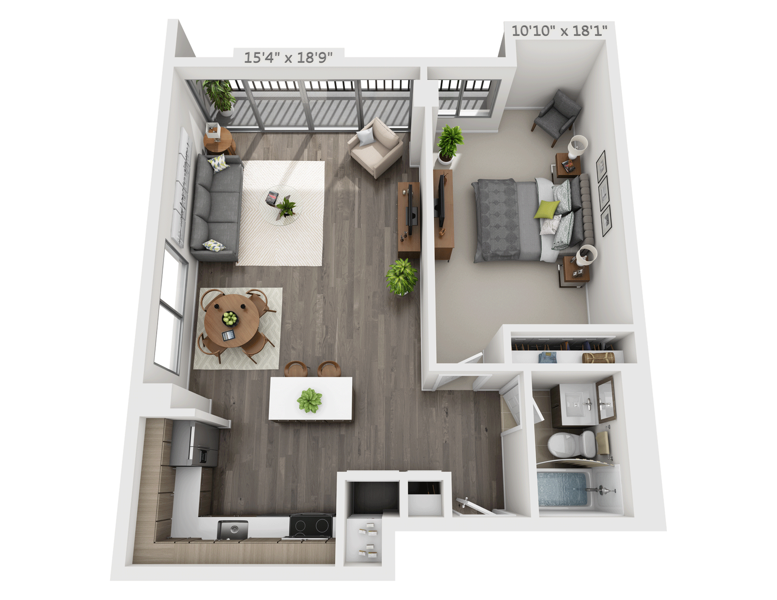 Floor plan for 1 bed, 1 bath, 774 sqft