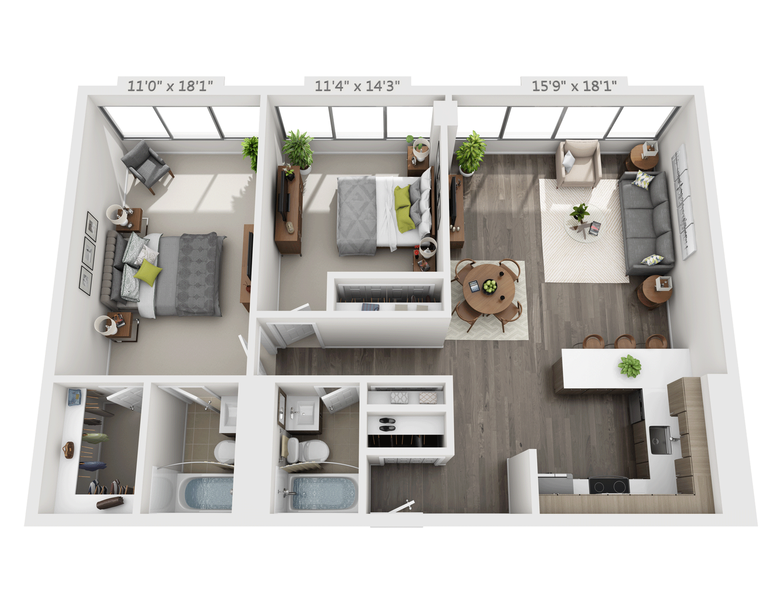 Floor plan for 2 beds, 2 baths, 1047 sqft