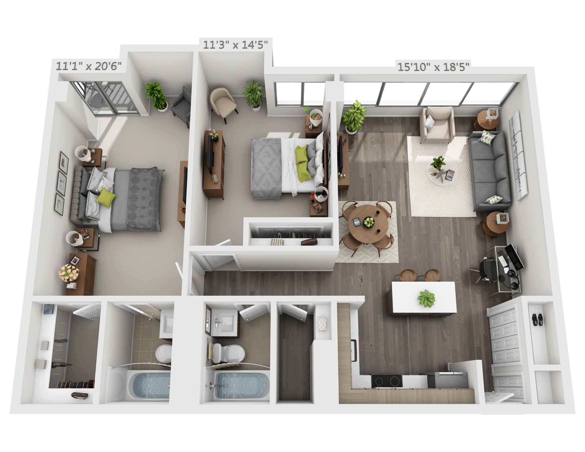 Floor plan for 2 beds, 2 baths, 1080 sqft