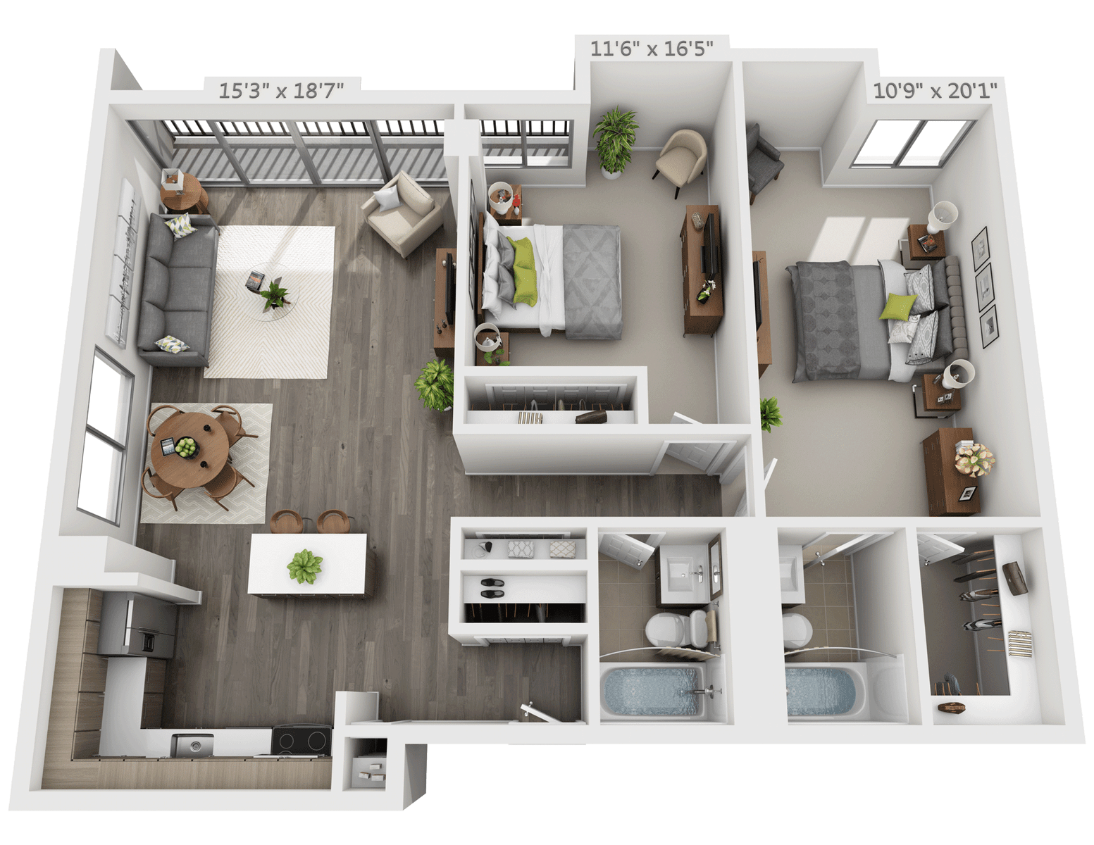 Floor plan for 2 beds, 2 baths, 1126 sqft