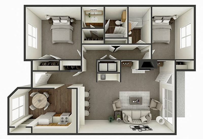 Floor plan for 2 beds, 2 baths, 1305 sqft