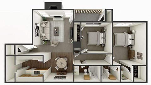 Floor plan for 2 beds, 2 baths, 909 sqft