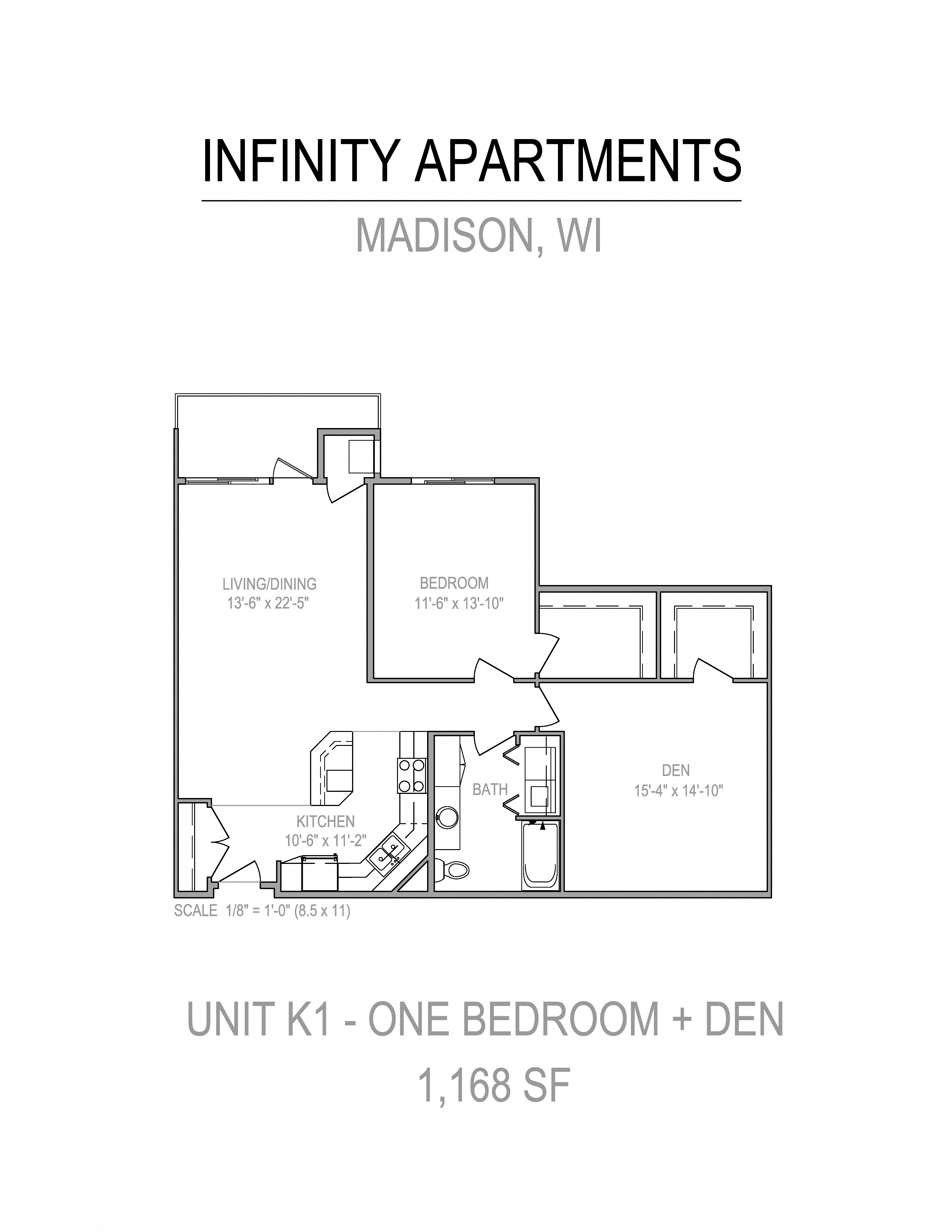 Floor plan for 1 bed, 1 bath, 1170 sqft