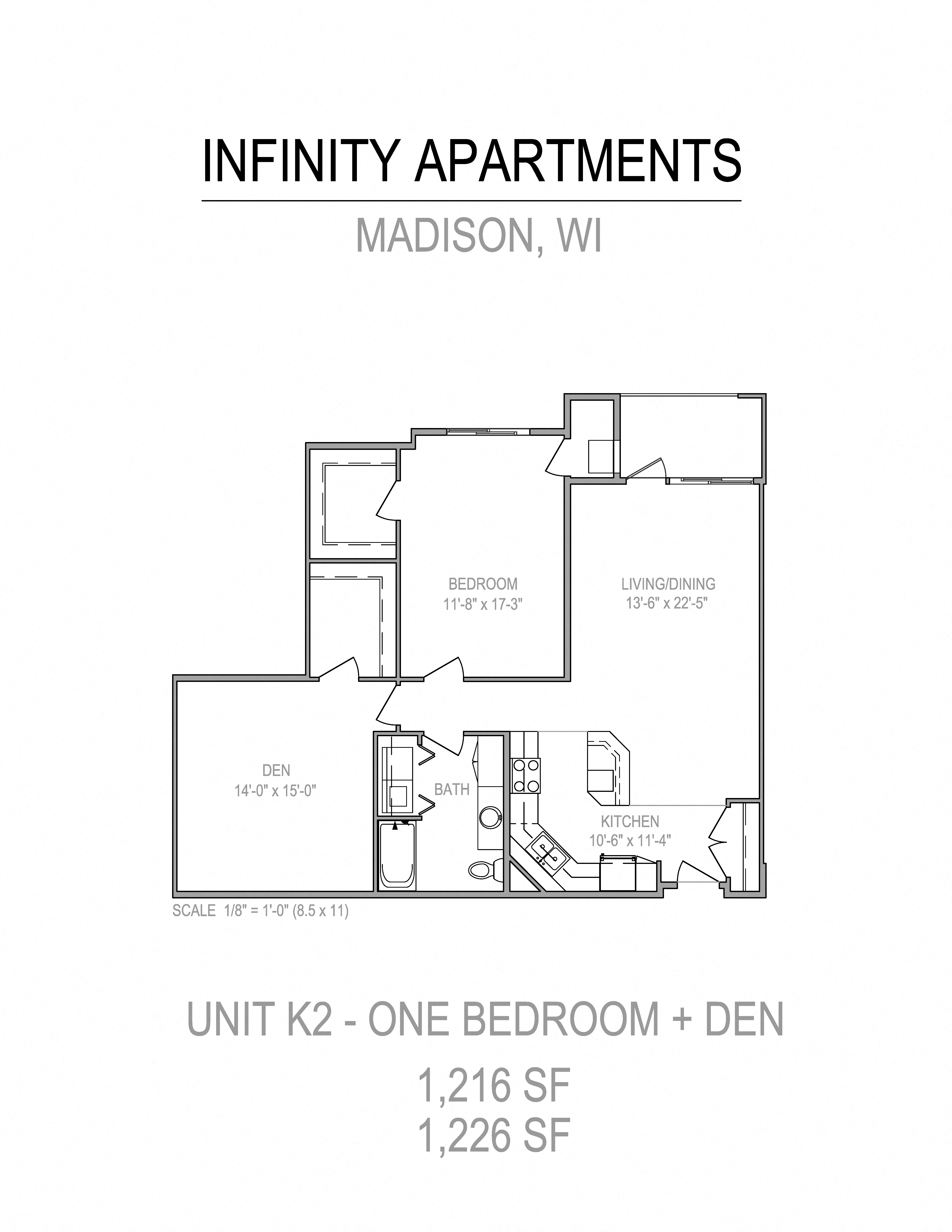 Floor plan for 1 bed, 1 bath, 1215 sqft