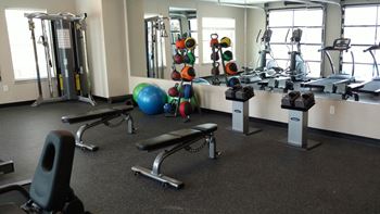 Fitness center on third floor with glass garage doors that open out to pool deck – currently the only apartments with a fitness center in lakeview.  Includes cardio machines, free weight machines, treadmills, ellipticals, bikes, kettle bells, and bosu balls.