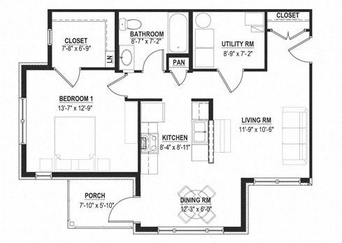 Floor plan for 1 bed, 1 bath, 568 sqft