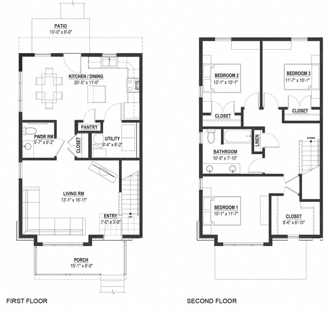 Floor plan for 3 beds, 2 baths, 1327 sqft