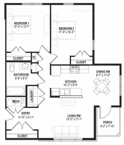 Floor plan for 2 beds, 1 bath, 878 sqft