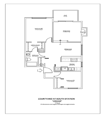 Floor plan for 2 beds, 1 bath, 773 sqft