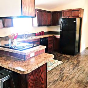 Montrose apartment for rent - a kitchen with a black refrigerator and a counter top