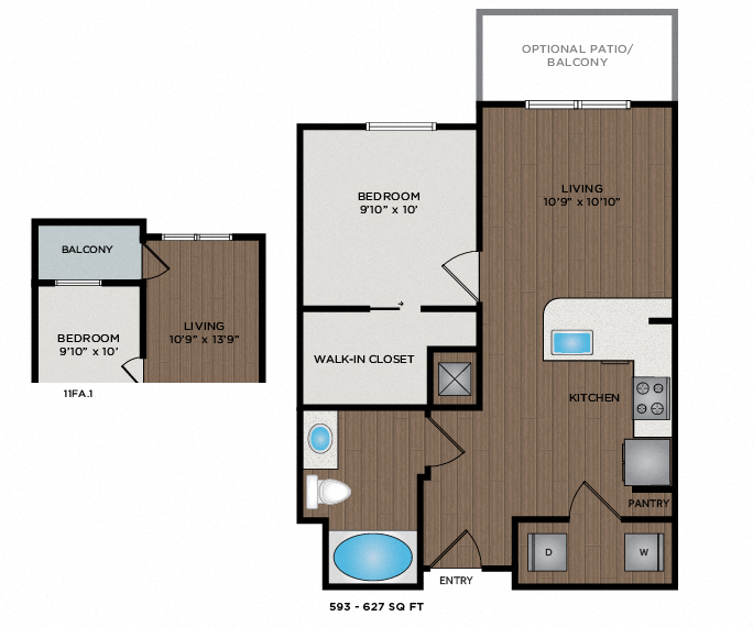 Floor plan for 1 bed, 1 bath, 593 sqft