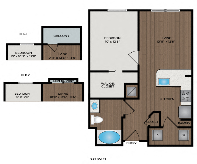 Floor plan for 1 bed, 1 bath, 654 sqft