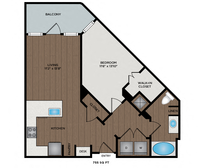 Floor plan for 1 bed, 1 bath, 755 sqft
