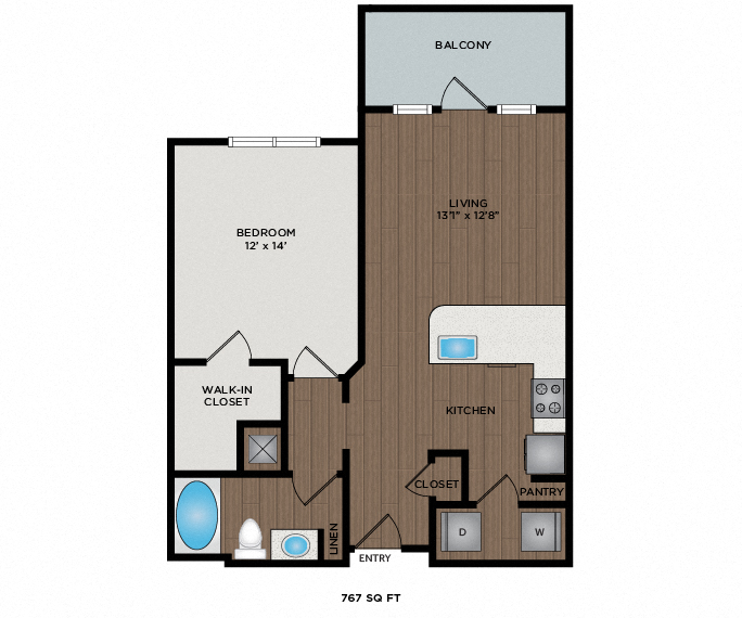 Floor plan for 1 bed, 1 bath, 772 sqft