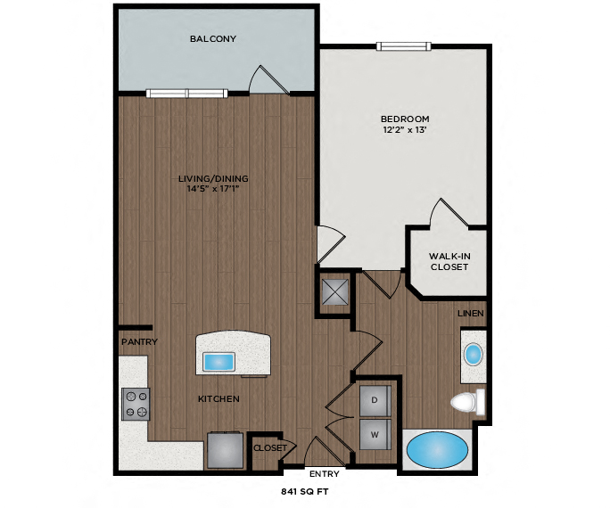Floor plan for 1 bed, 1 bath, 841 sqft