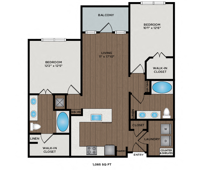 Floor plan for 2 beds, 2 baths, 1085 sqft