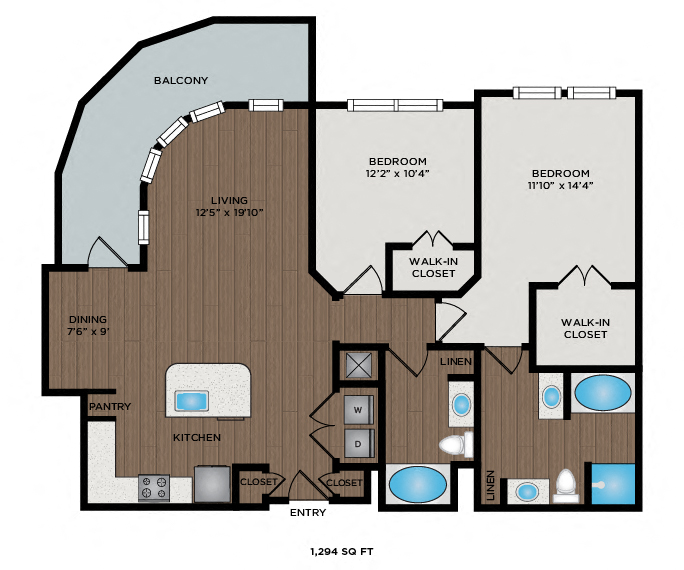 Floor plan for 2 beds, 2 baths, 1294 sqft