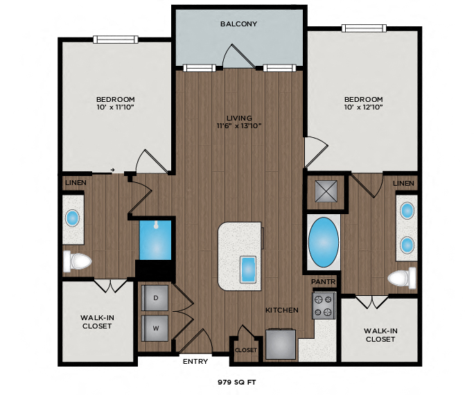 Floor plan for 2 beds, 2 baths, 979 sqft