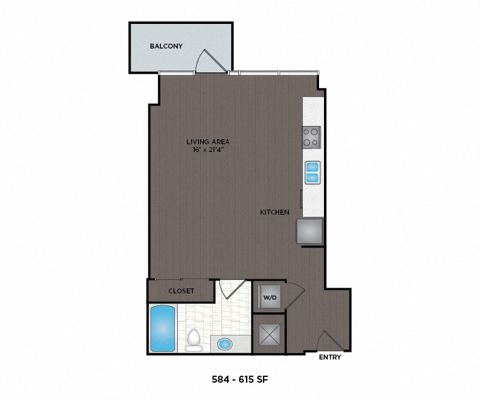 Floor plan for studio, 1 bath, 617 sqft