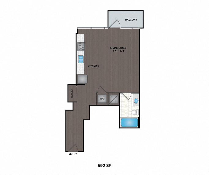Floor plan for studio, 1 bath, 593 sqft