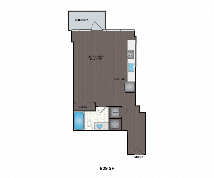 Floor plan for studio, 1 bath, 629 sqft