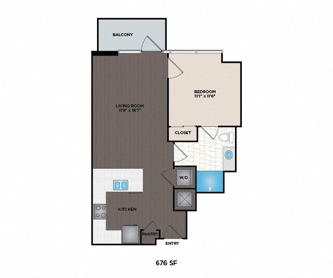 Floor plan for 1 bed, 1 bath, 677 sqft