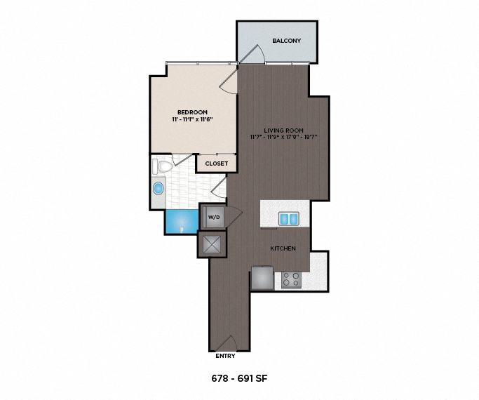 Floor plan for 1 bed, 1 bath, 691 sqft