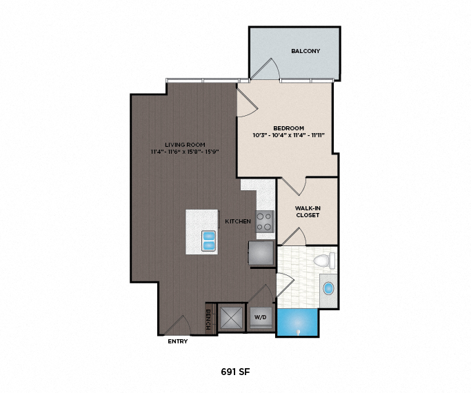 Floor plan for 1 bed, 1 bath, 692 sqft