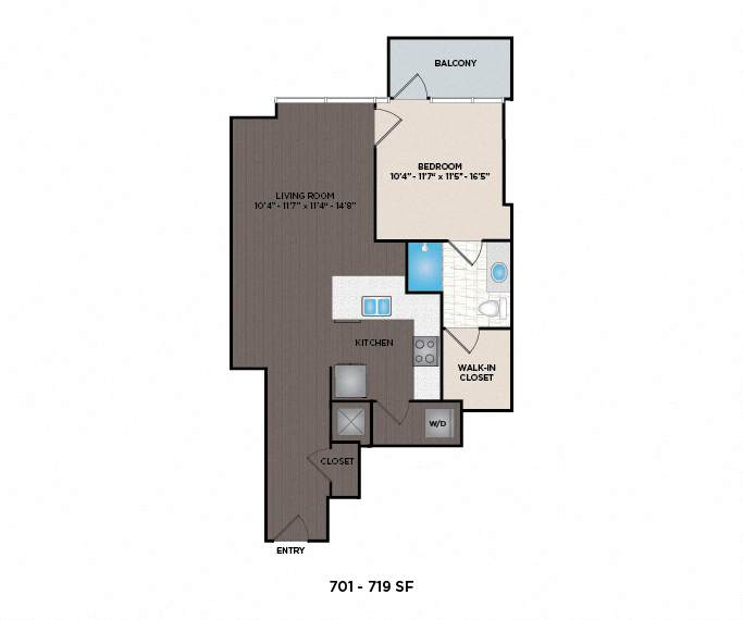 Floor plan for 1 bed, 1 bath, 724 sqft