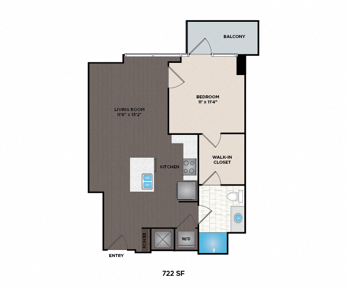Floor plan for 1 bed, 1 bath, 724 sqft