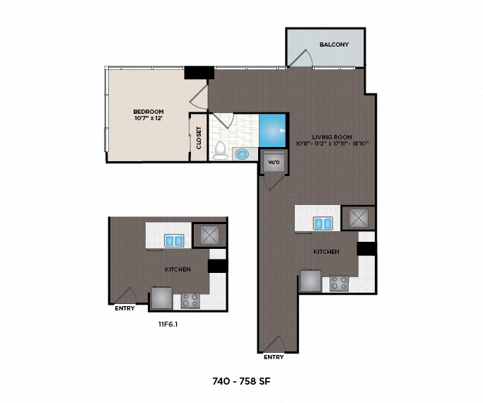 Floor plan for 1 bed, 1 bath, 758 sqft