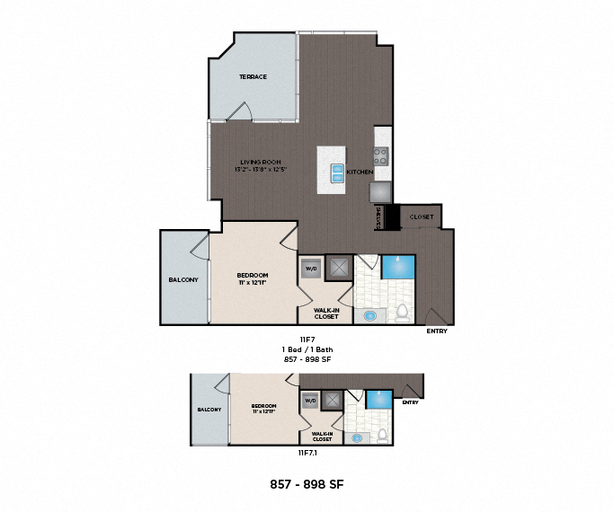 Floor plan for 1 bed, 1 bath, 858 sqft