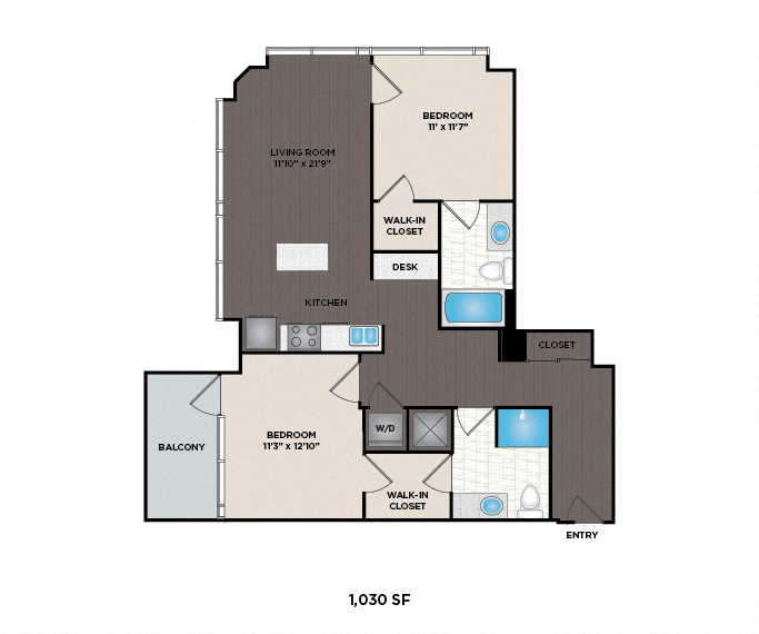 Floor plan for 2 beds, 2 baths, 1030 sqft