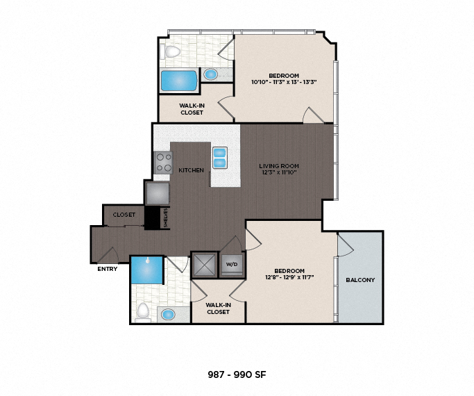 Floor plan for 2 beds, 2 baths, 987 sqft
