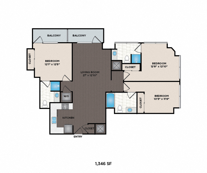 Floor plan for 3 beds, 3 baths, 1346 sqft