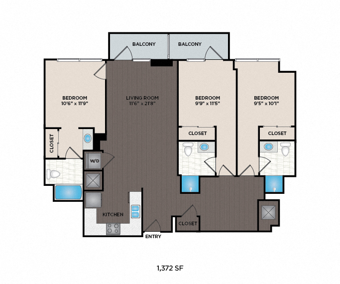 Floor plan for 3 beds, 3 baths, 1372 sqft
