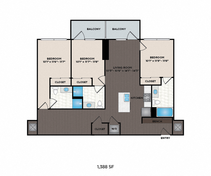 Floor plan for 3 beds, 3 baths, 1388 sqft