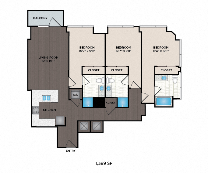Floor plan for 3 beds, 3 baths, 1399 sqft