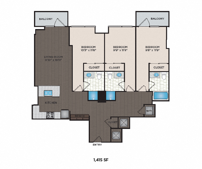 Floor plan for 3 beds, 3 baths, 1415 sqft