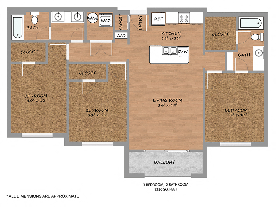 Floor plan for 3 beds, 2 baths, 1250 sqft