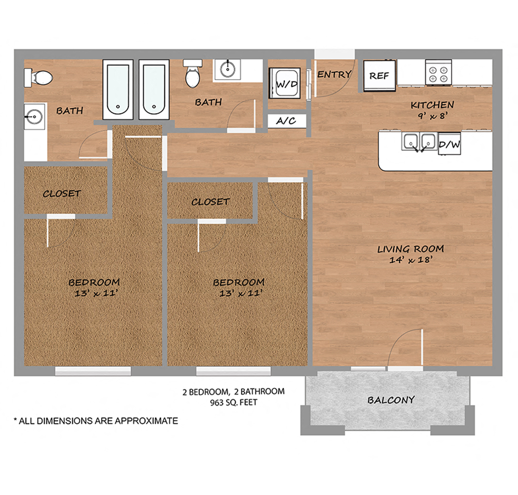 Floor plan for 2 beds, 2 baths, 963 sqft